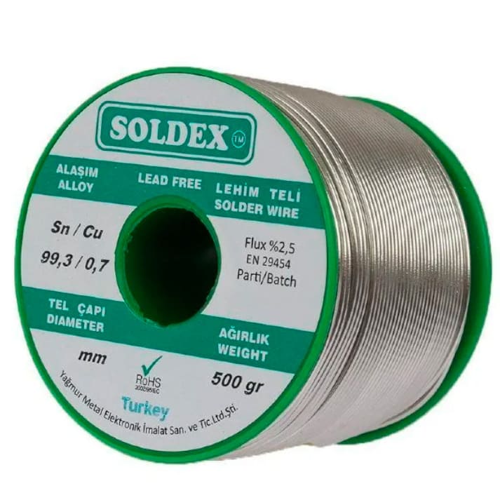 Soldex-99.30.7-Kursunsuz-1.6mm-500Gr-Lehim-Teli-enkaotomasyon Soldex 99.3/0.7 Kurşunsuz 0.5mm 500Gr Lehim Teli